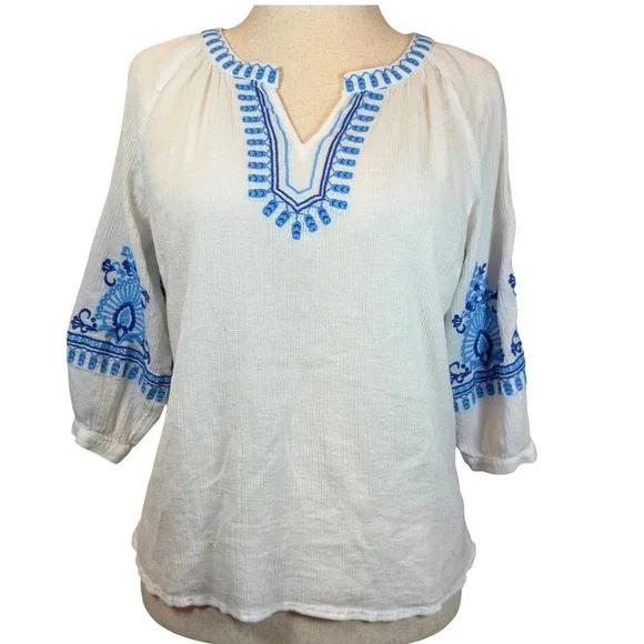 Talbots Gauze Cotton Embroidered Blouse White Blue Boho Peasant Cottagecore PM - Picture 1 of 8